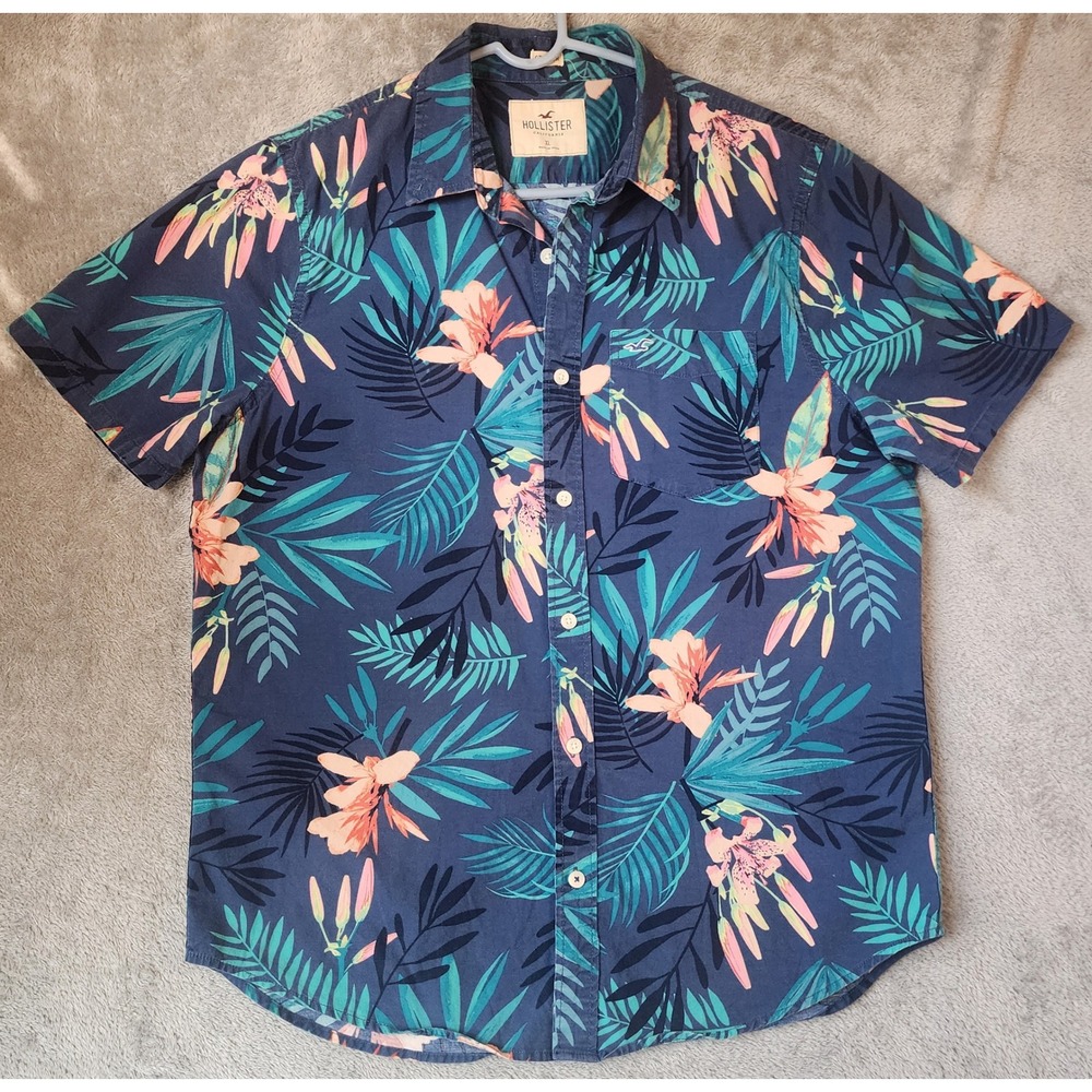 Hollister Shirt Mens XL Navy Tropical Floral Palm Stretch‎ Button Down Preppy